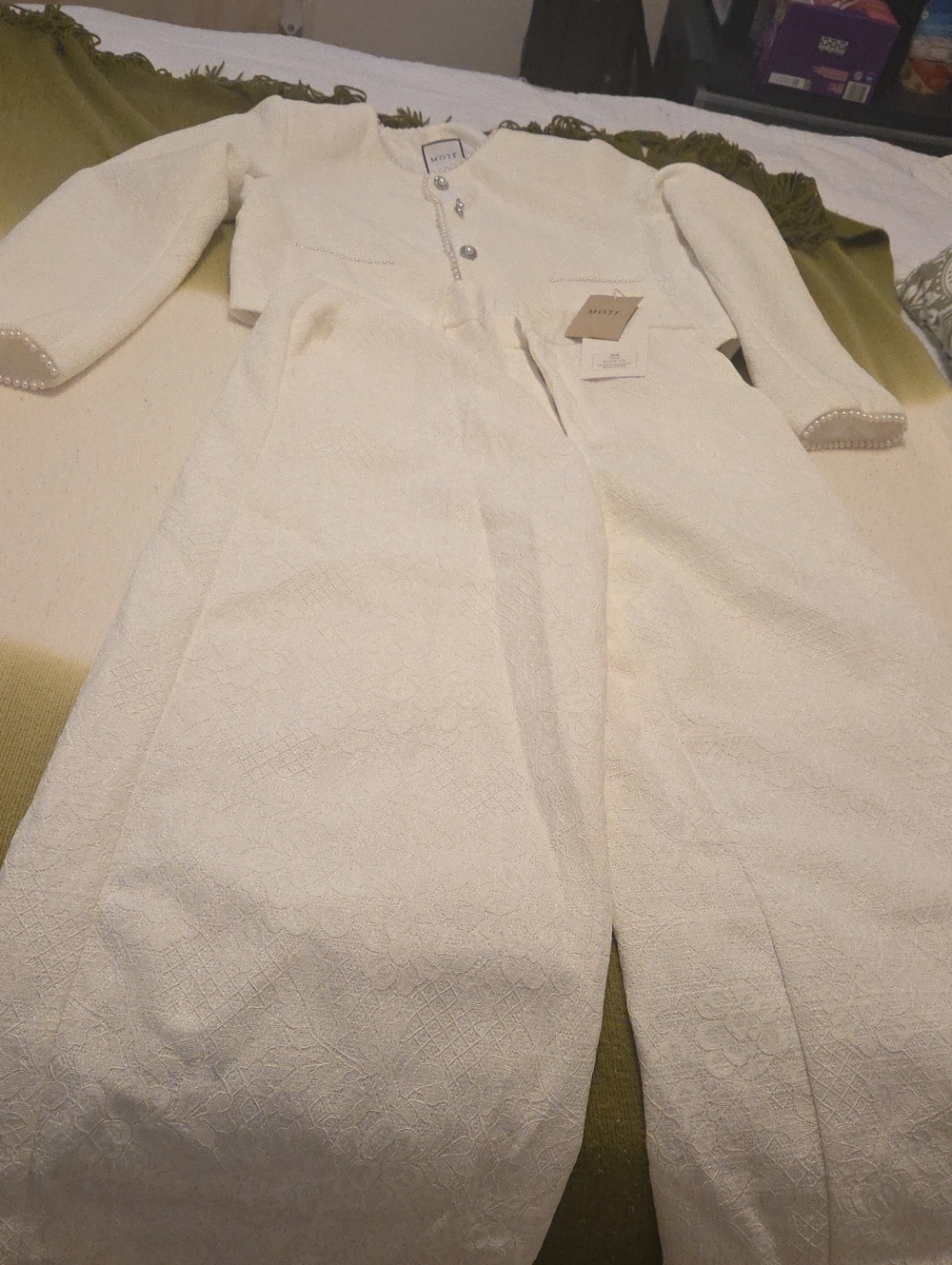 Cream Two-Piece Embossed Set with Pearl Buttons